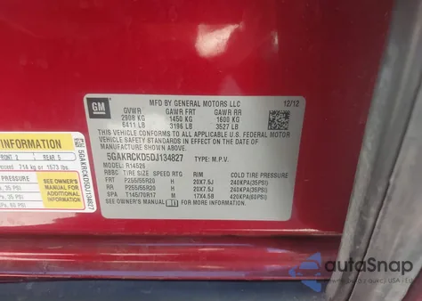 2013 Buick Enclave Leather z USA, uszkodzony, nr VIN 5GAKRCKD5DJ134827